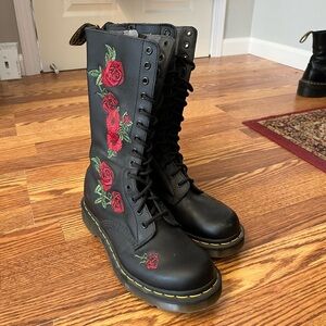 Dr Martens Calf Length High Rise Rose Embroidered Boots